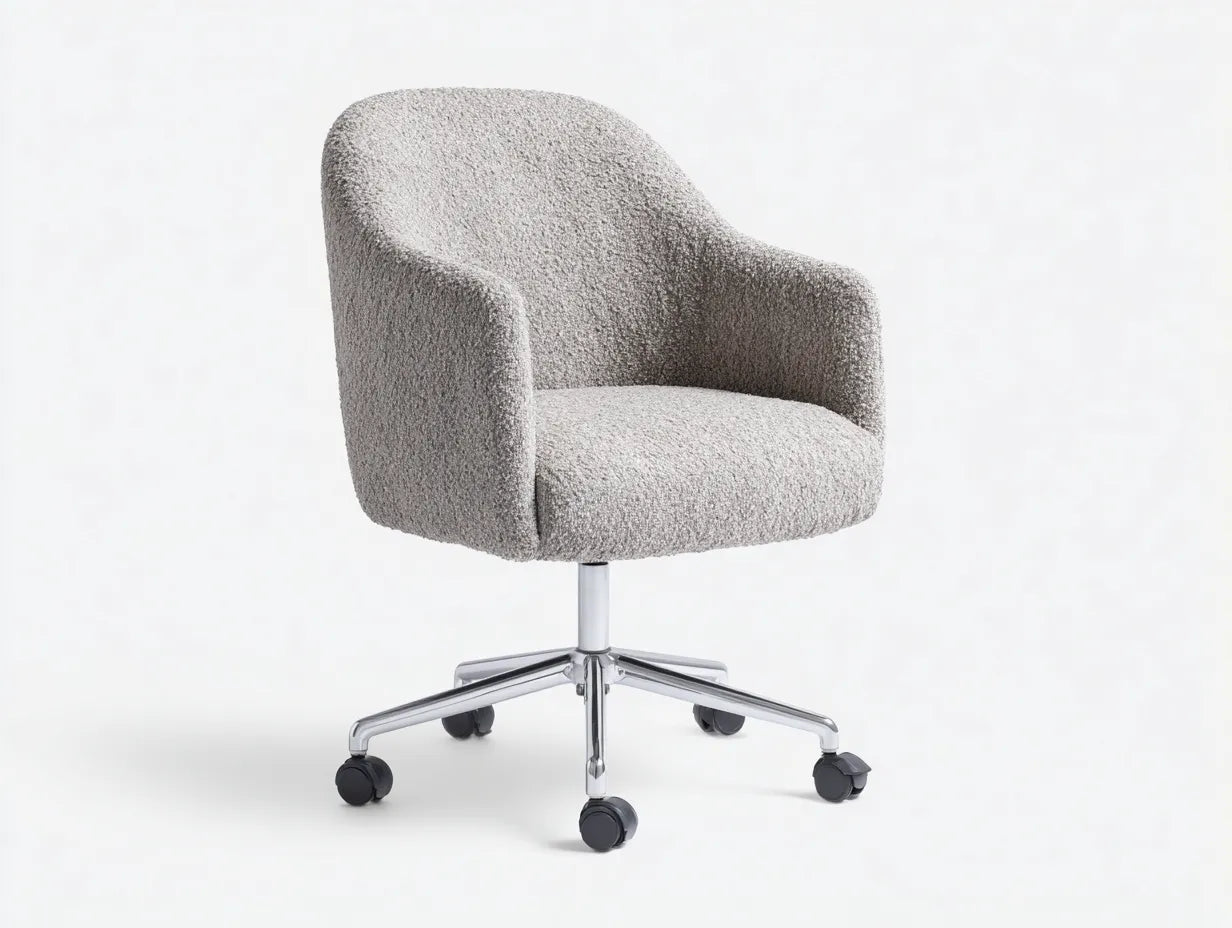 Bürostuhl mit Bouclé Bezug 62x64x90 cm - Silbergrau und Chrom und Schwarz - runde Sitzschale für Büro