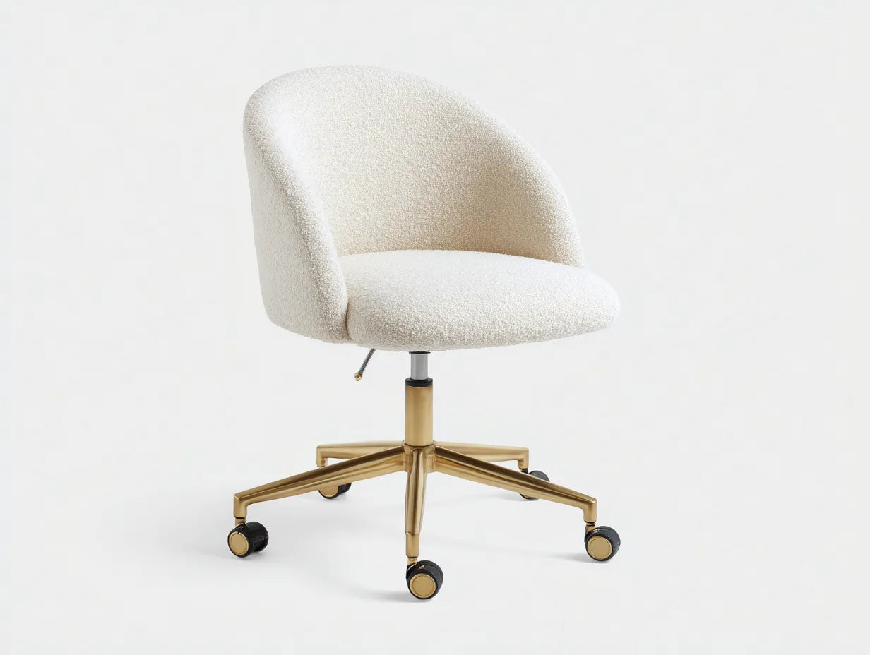 Bürostuhl mit elfenbeinfarbenem Bouclé 60x62x91 cm - Elfenbein und Gold - kompakte Polsterschale für Büro