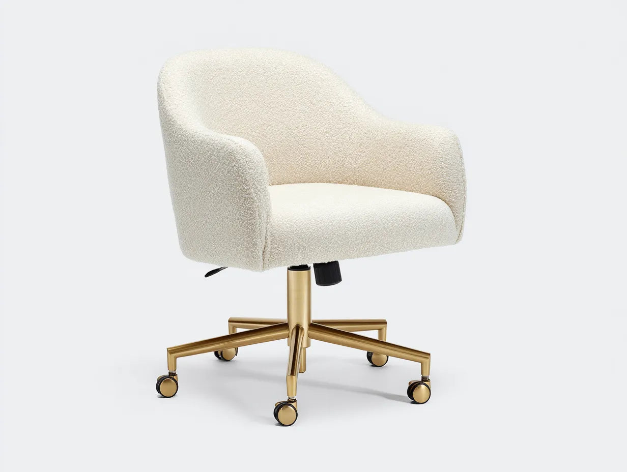 Bürostuhl mit elfenbeinfarbenem Bouclé 61x63x90 cm - Elfenbein und Gold und Schwarz - runde Sitzschale für Büro
