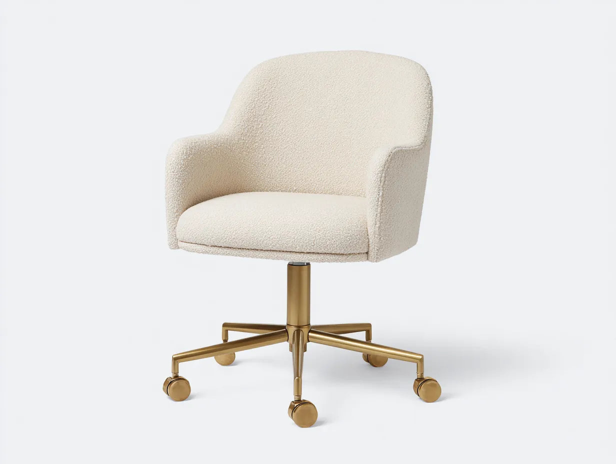 Bürostuhl mit Bouclé Stoff 61x63x92 cm - Creme und Gold und Schwarz - runde Armlehnen für Büro