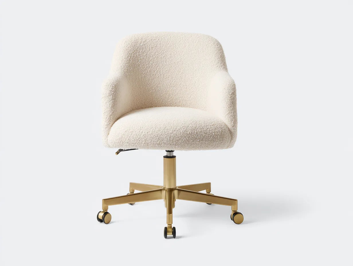 Bürostuhl mit Bouclé Polster 62x64x94 cm - Creme und Gold und Schwarz - breite Rückenlehne für Büro