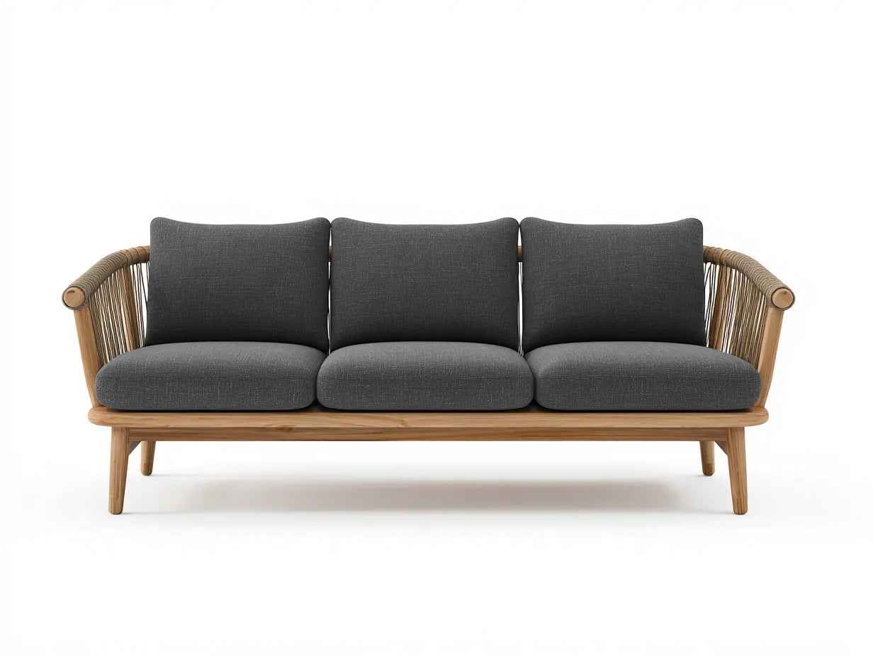 3-Sitzer-Sofa Holzrahmen 222x86x77 cm - Natur und Dunkelgrau - Geflecht für Terrasse