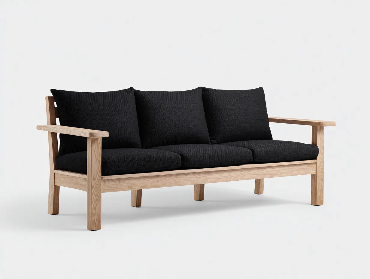 3-Sitzer-Sofa Holzrahmen 210x80x77 cm - Natur und Schwarz - klare Armlehnen für Garten